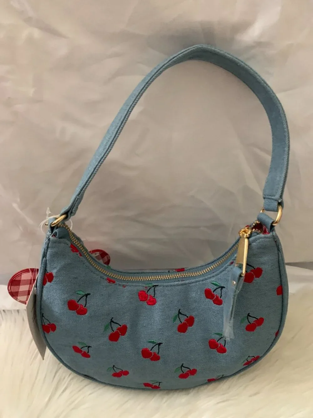 BETSEY JOHNSON XOX Denim Cherry Embroidered Hobo Shoulder Bag